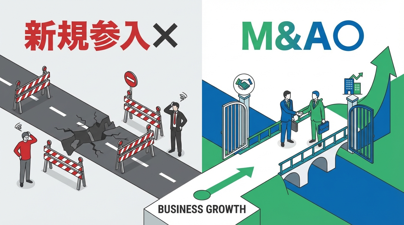 「新規参入（不可能）」vs「M&A（数億円）」のルート比較図