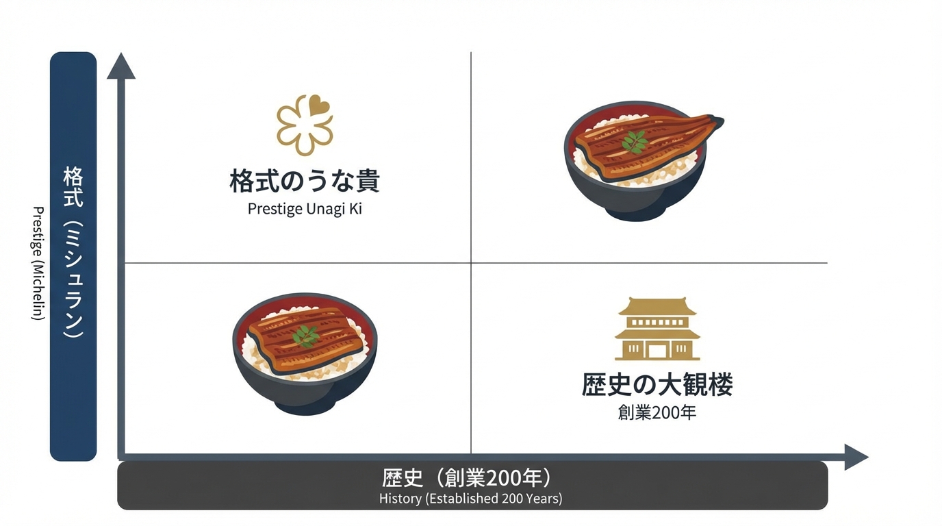 「格式のうな貴」と「歴史の大観楼」のポジショニングマップ