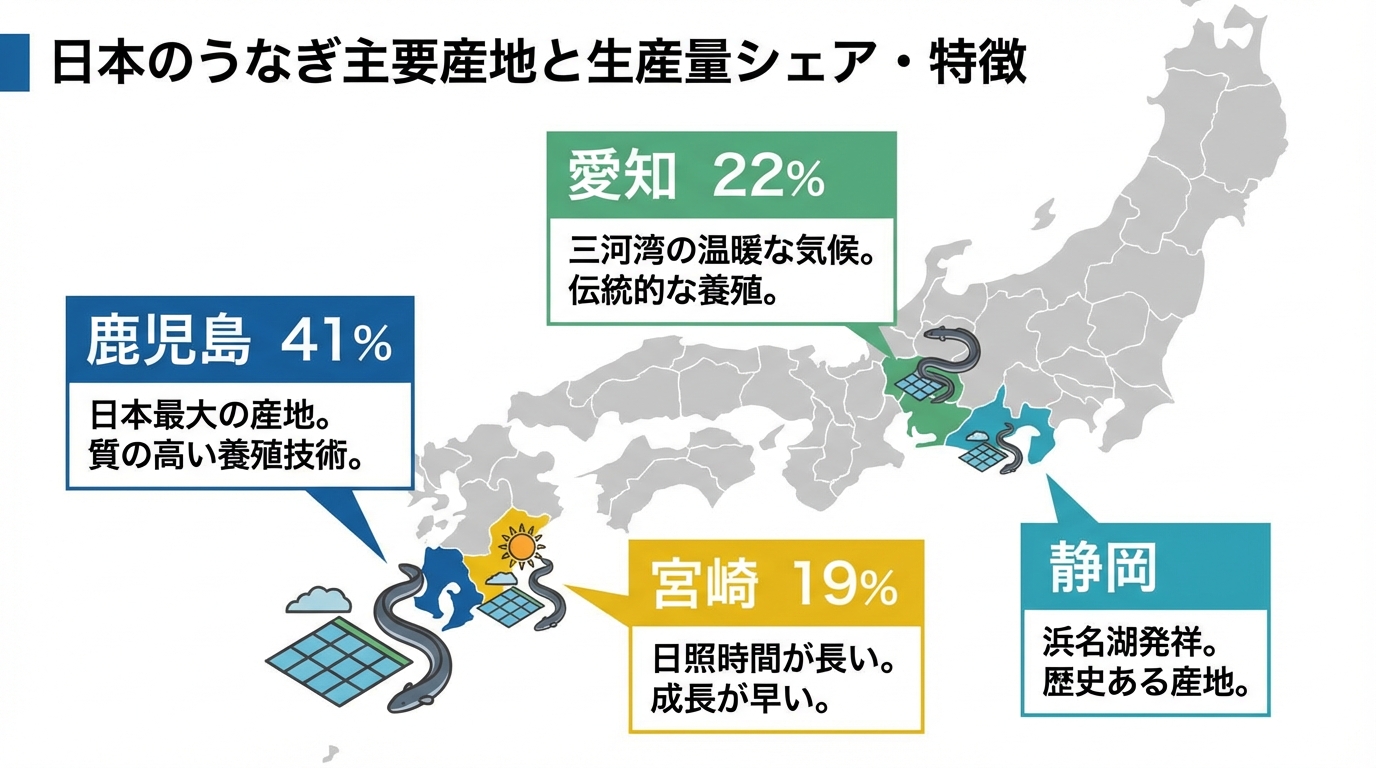 日本地図上に主要産地（鹿児島、愛知、宮崎、静岡）とそれぞれの生産量シェア・特徴をマッピングした図解