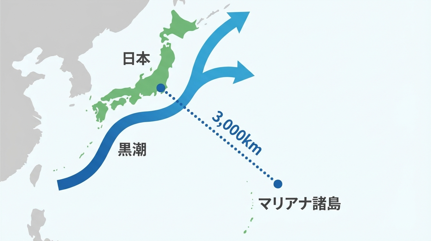 日本からマリアナ諸島への3,000kmの移動ルートと、海流（黒潮）の関係を示した地図の図解