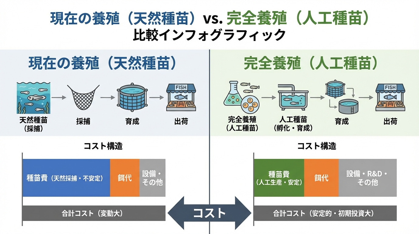 「現在の養殖（天然種苗）」と「完全養殖（人工種苗）」のプロセスとコスト構造の比較表の図解