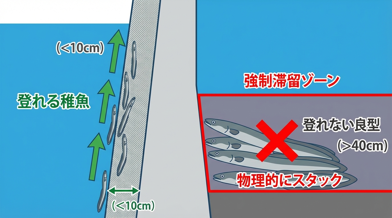 サイズによる遡上能力の違いと滞留メカニズム