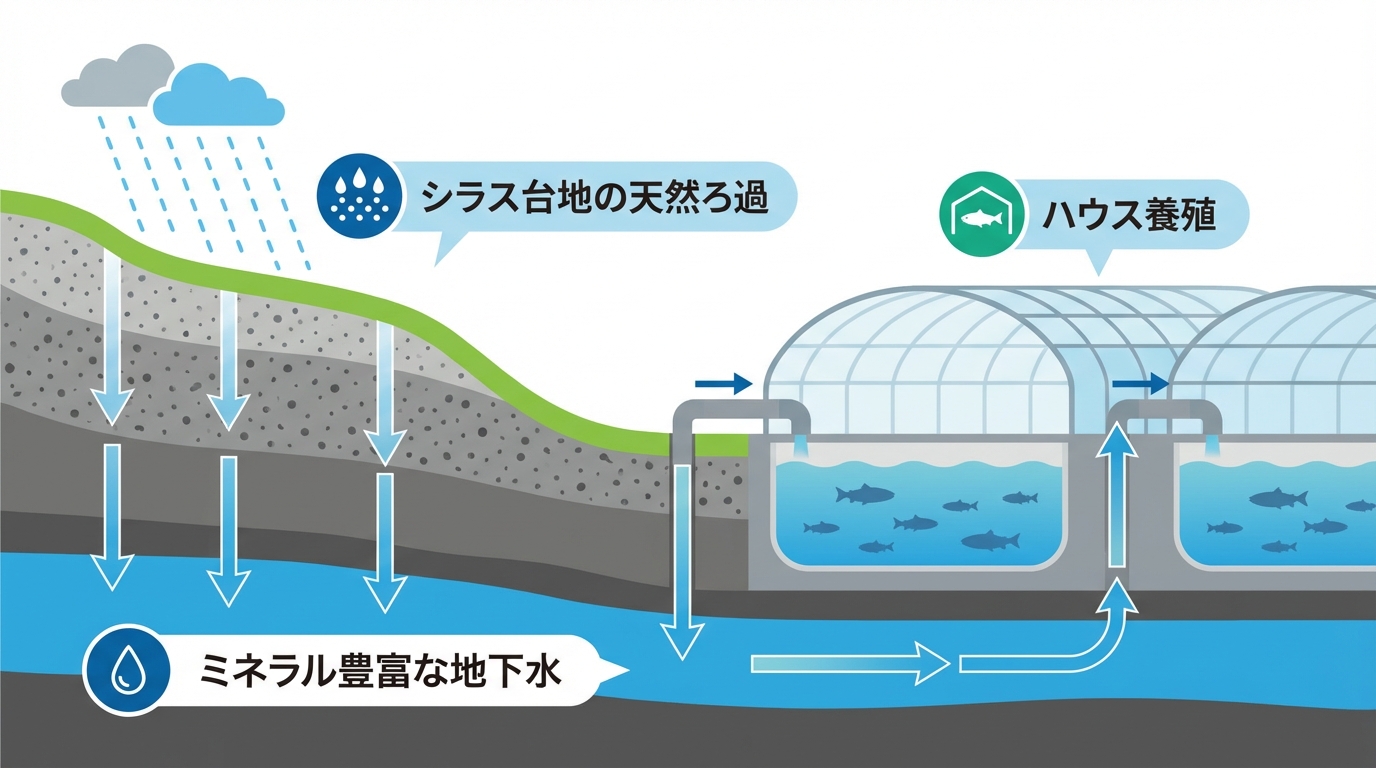 シラス台地のろ過システムとハウス養殖の循環図