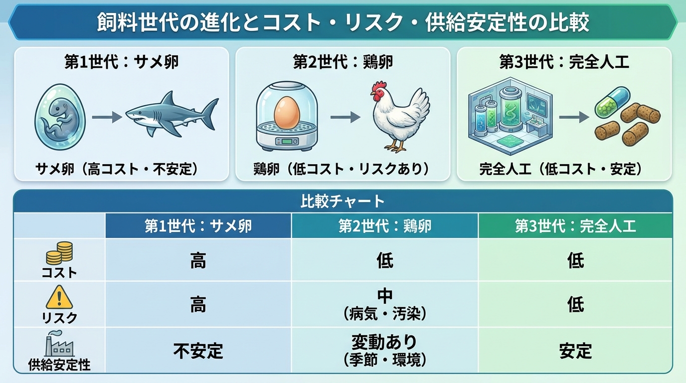 飼料世代の進化図とコスト・リスク比較