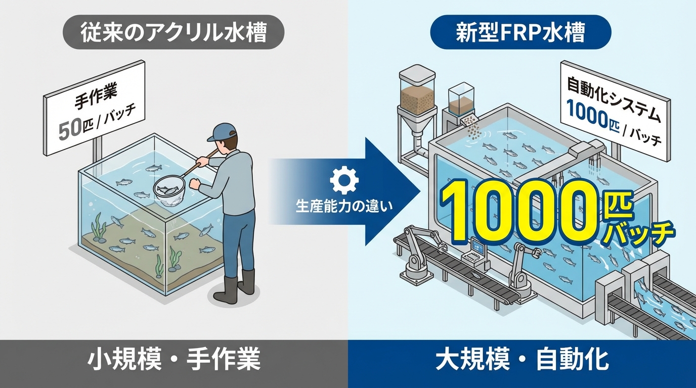 従来の水槽（50匹・手作業）と新型FRP水槽（1000匹・自動化）の生産能力比較図