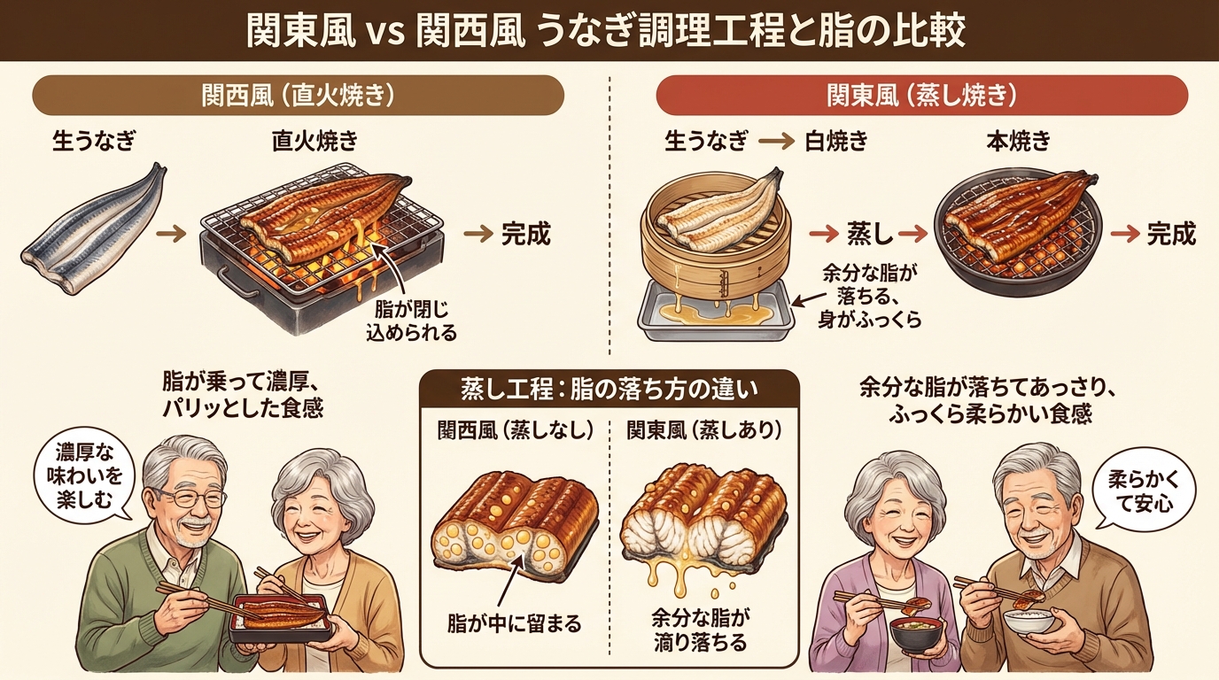 関東風と関西風の調理工程の違いと脂肪分の変化