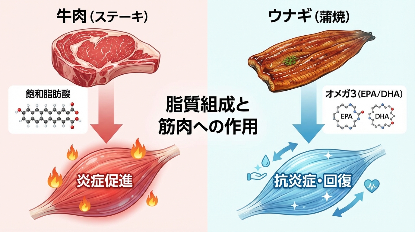 牛肉とウナギの脂質組成と筋肉への作用比較図