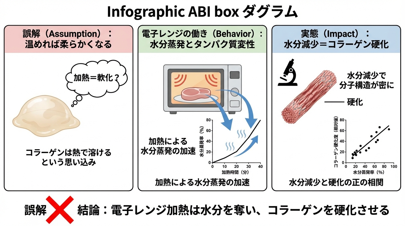 レンジ加熱による水分蒸発とコラーゲン硬化のメカニズム