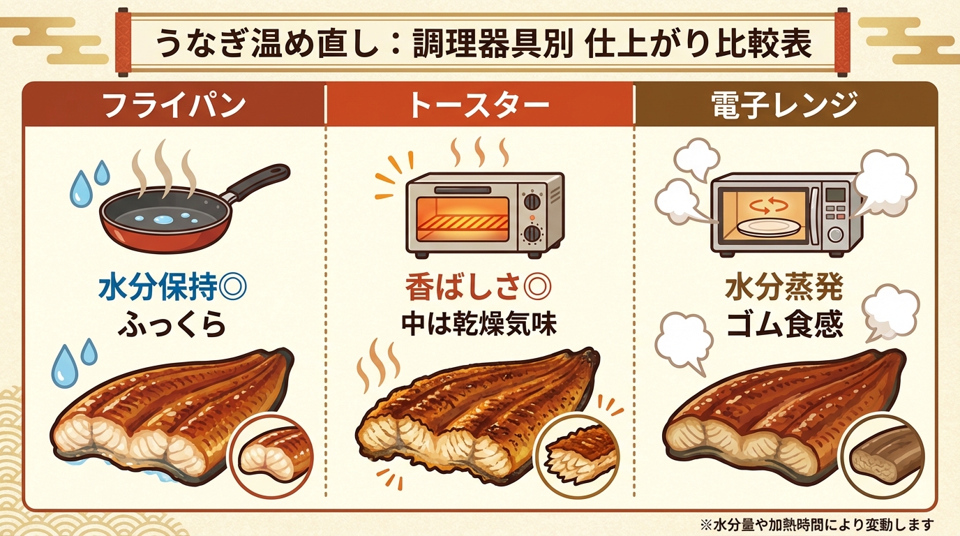調理器具別・仕上がり比較表（フライパン、トースター、電子レンジの水分量と仕上がり評価）
