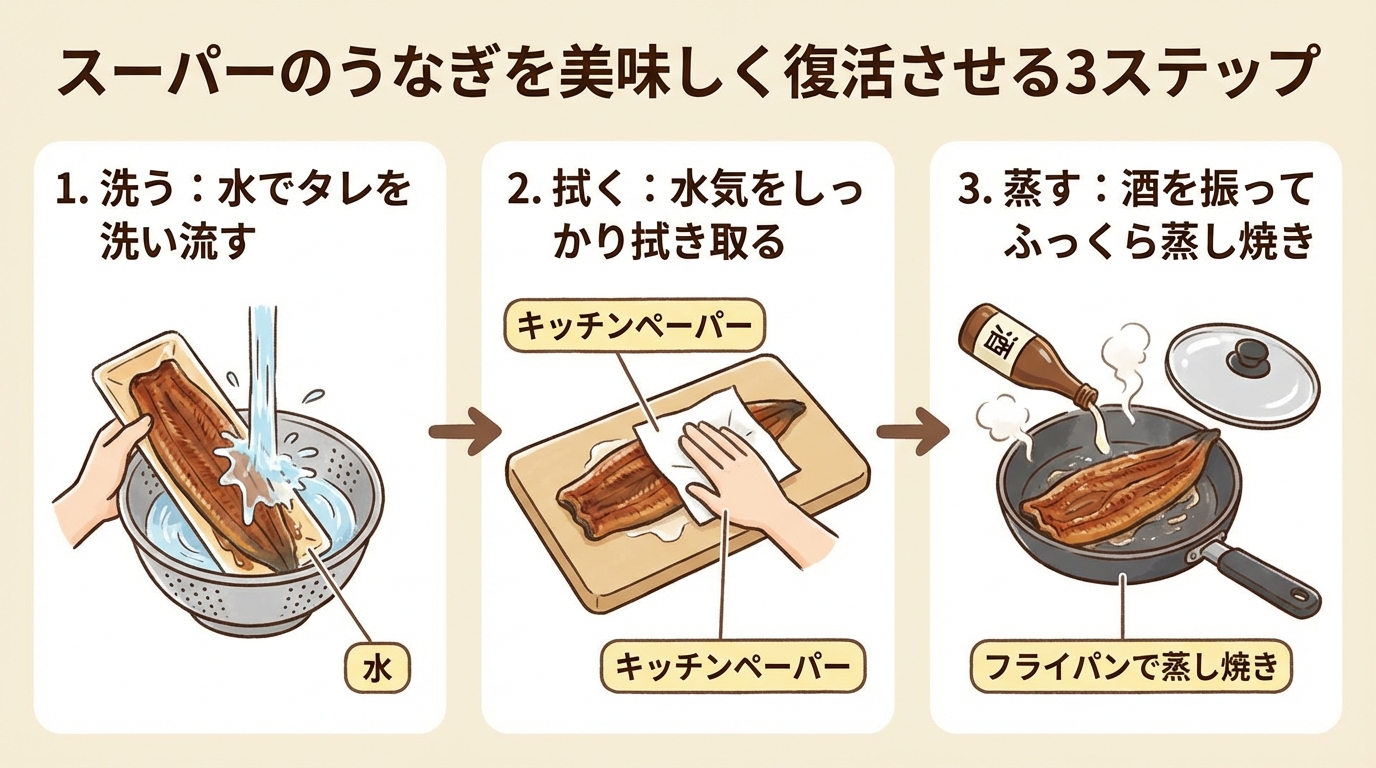 うなぎ復活の3ステップ（洗う・拭く・蒸す）