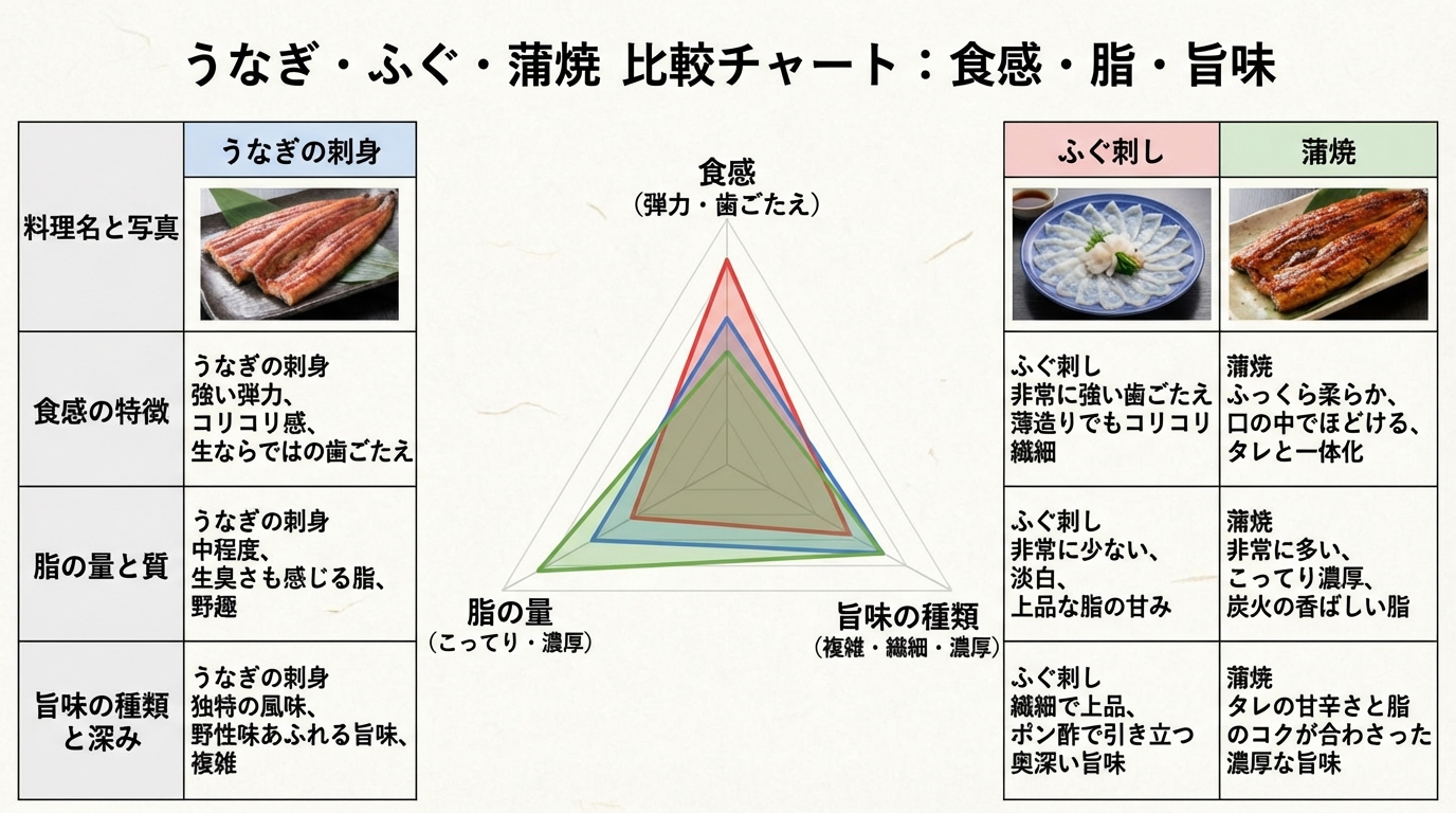 うなぎ刺身 vs ふぐ刺し vs 蒲焼の比較