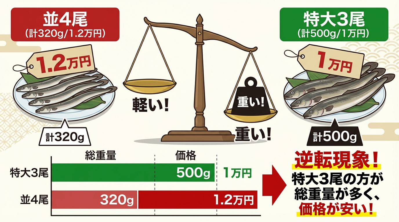 特大3尾と並4尾のコスパ比較図解