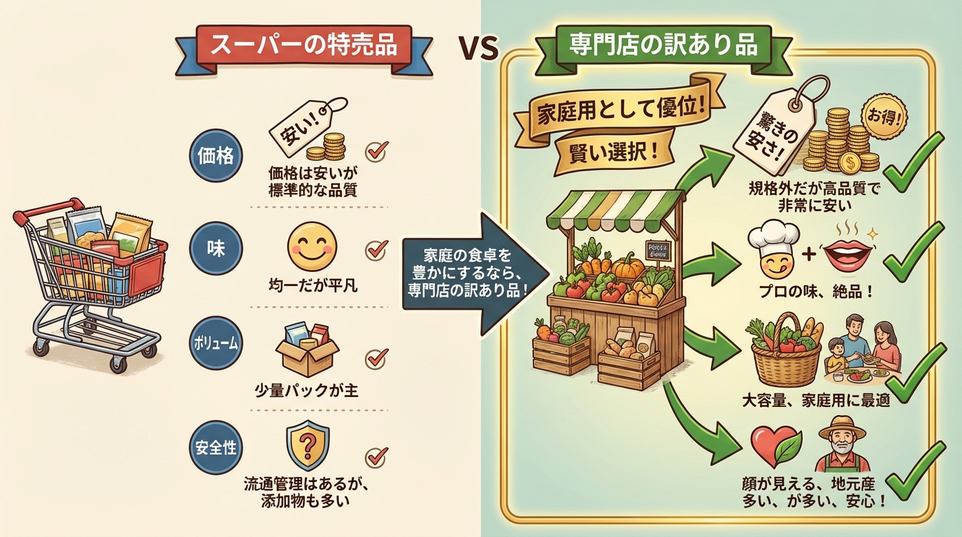 スーパーの特売品 vs 専門店の訳あり品