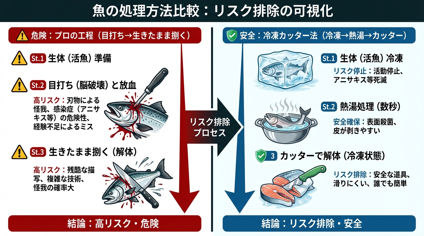 「プロの工程」vs「冷凍カッター法」の比較フロー図