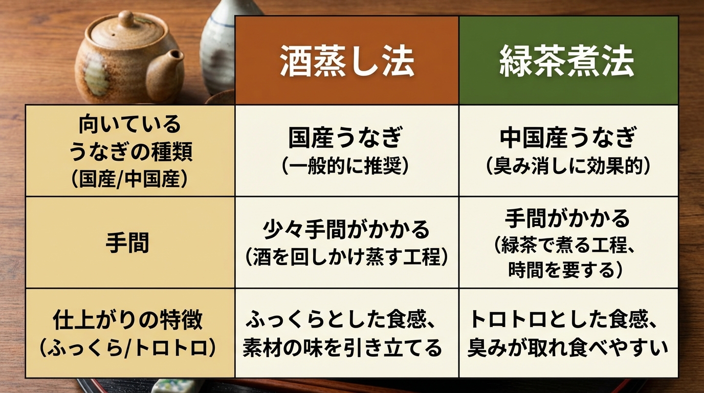 酒蒸し法と緑茶煮法の比較