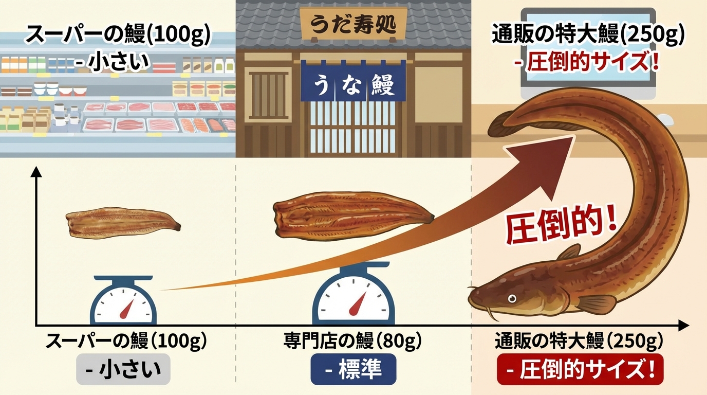 規格の罠（スーパーの100g vs 専門店の80g vs 通販の250g）の比較チャート