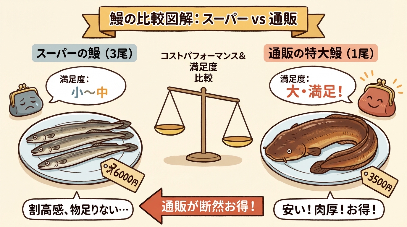 比較チャート（スーパー3尾6000円 vs 通販1尾3500円の満足度比較）