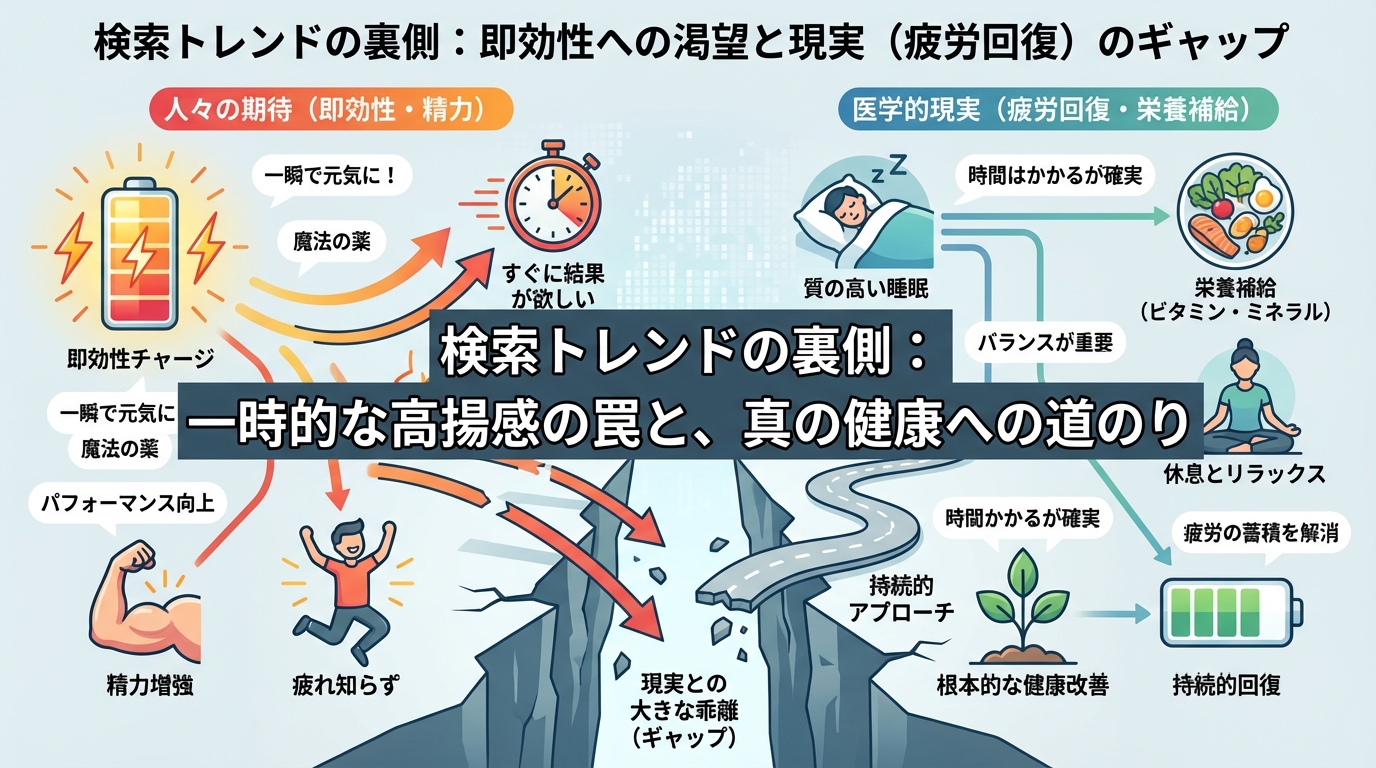 検索トレンドの裏側にある『即効性への渇望』と『現実（疲労回復）』のギャップを解説する概念図